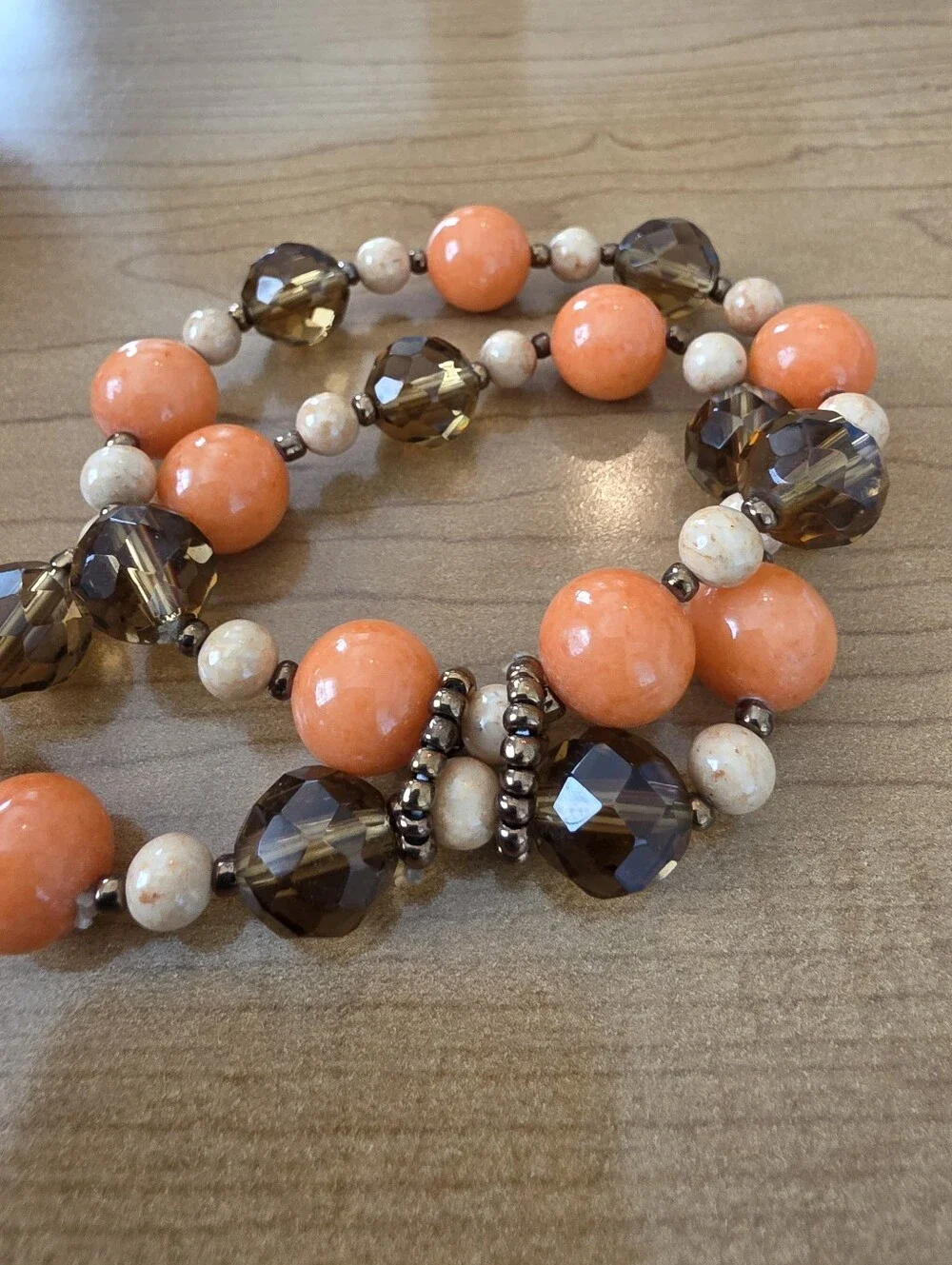 Boho Orange & Brown Beaded Multi-Row Stretch Bracelet Lightweight